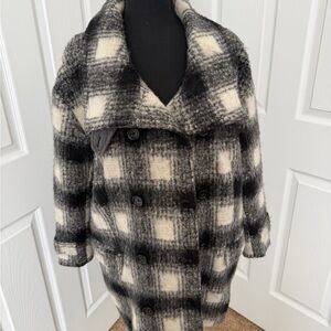 Banana Republic Black and Cream Plaid Pea Coat